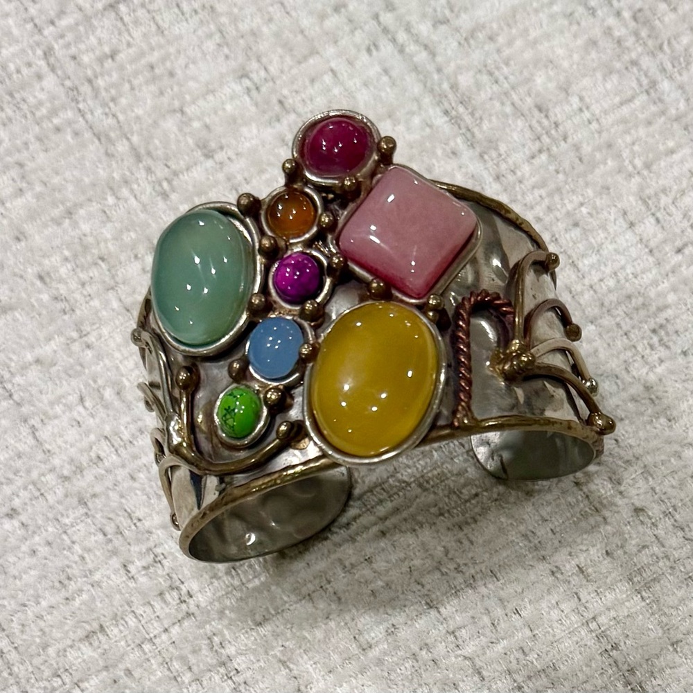 Multicolor Gemstone Silver Cuff Bracelet - image 1